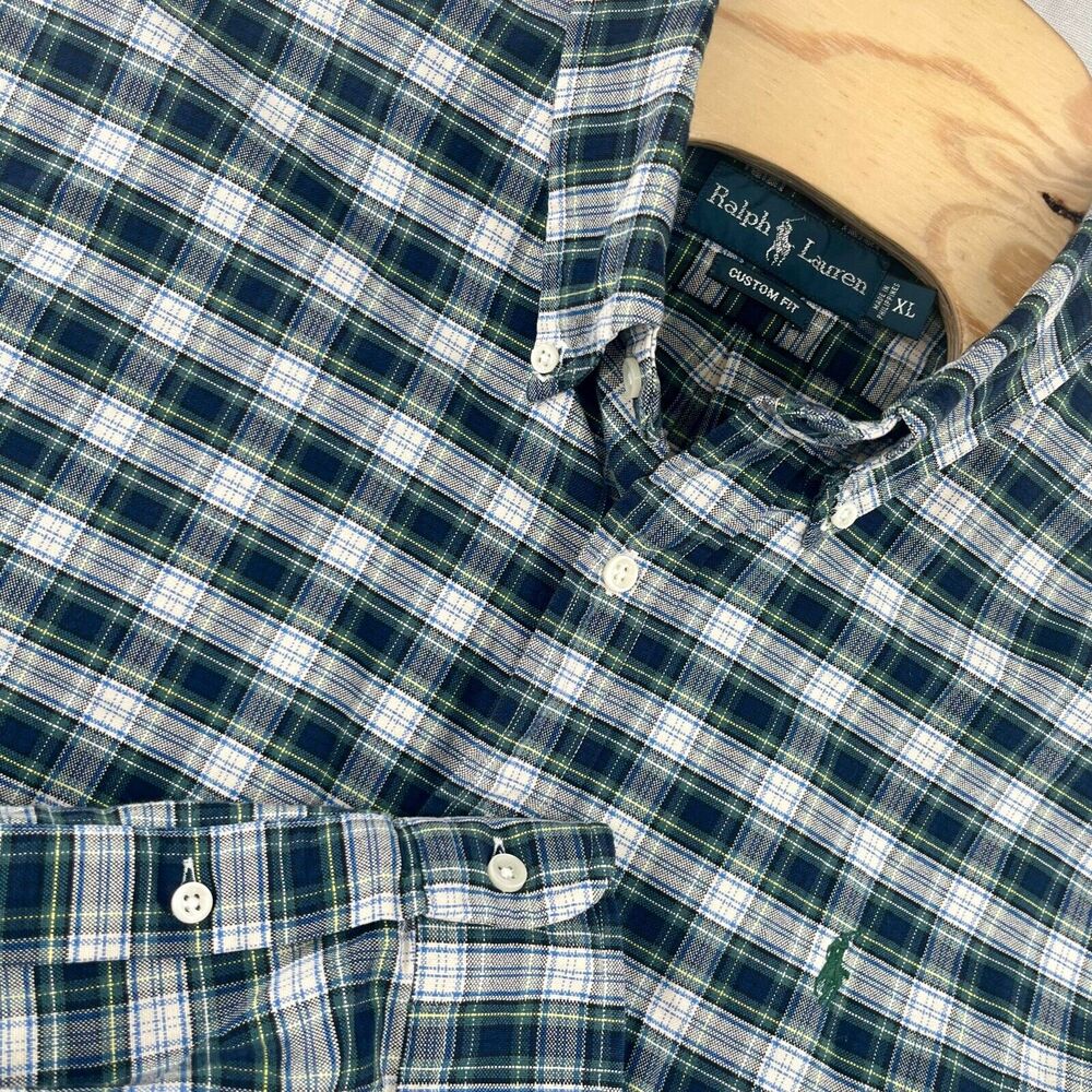 Polo Ralph Lauren Untucked Button Down XL Custom Blue Yellow Green Plaid Oxford